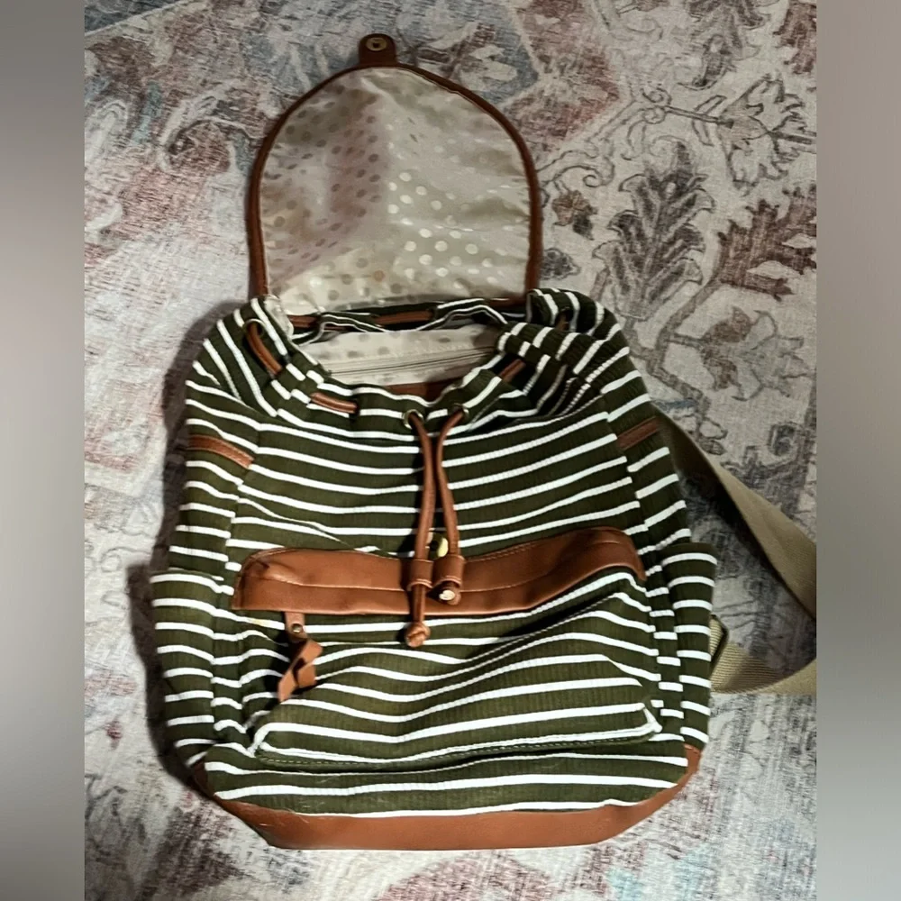 Madden Girl Backpack Green White Striped Fabric Bag
